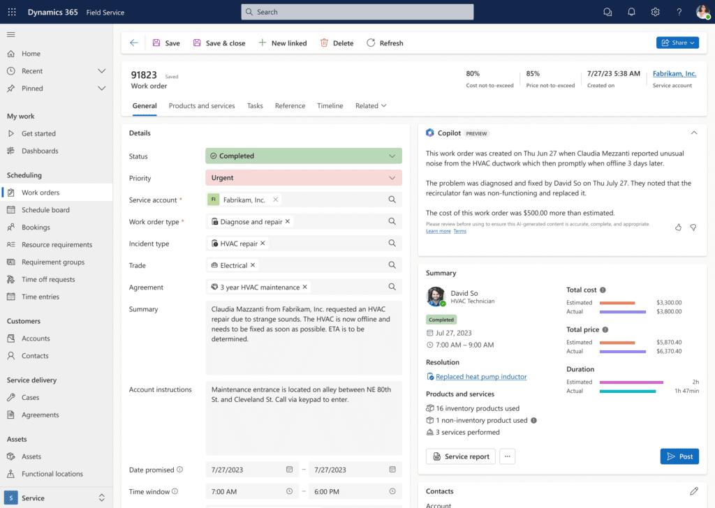 Copilot en la creación de órdenes de trabajo, Microsoft Field Services